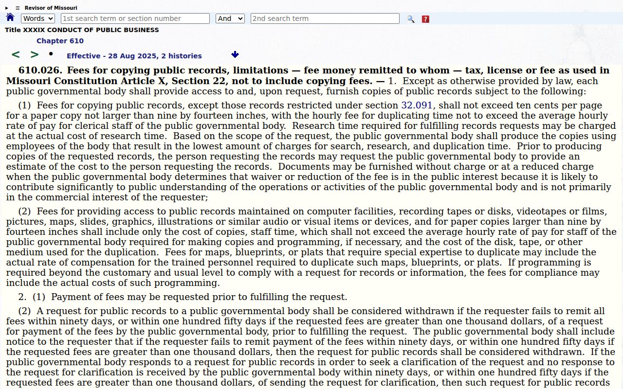 Missouri Revised Statutes section 610.026 copy fee text