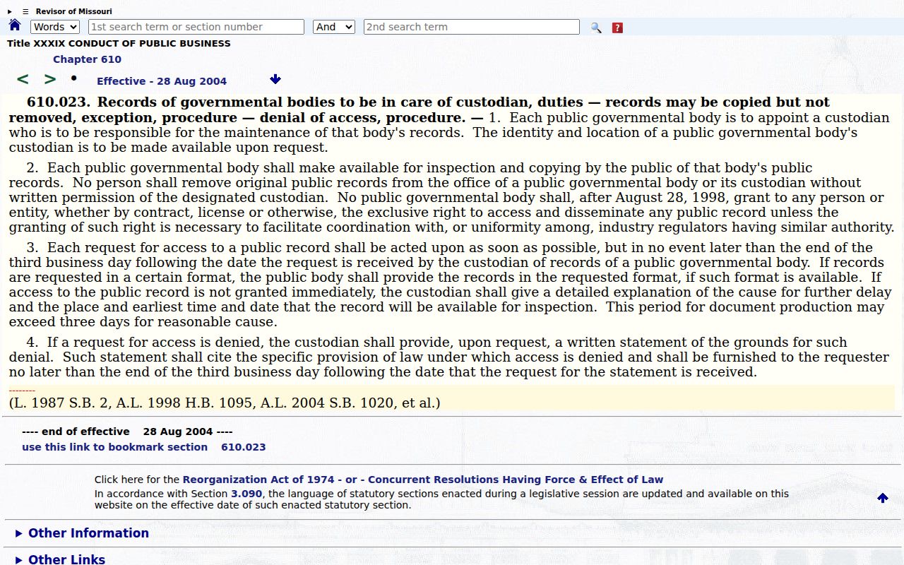 Missouri Revised Statutes section 610.023 public records text