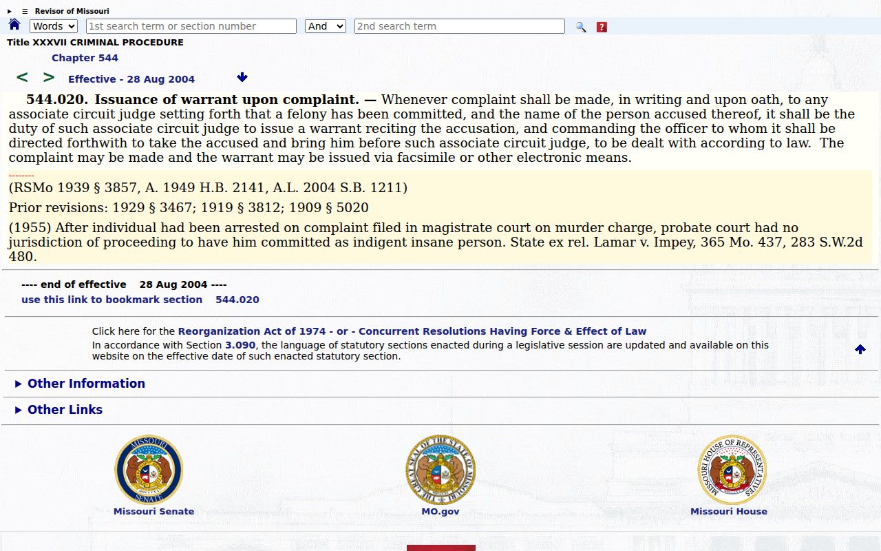 Missouri statute on sworn felony complaints and warrants
