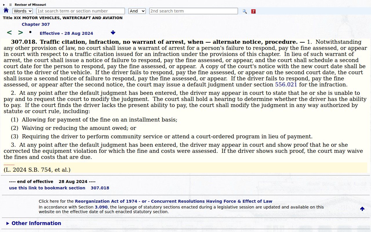 Missouri traffic infraction notice and warrant restriction statute