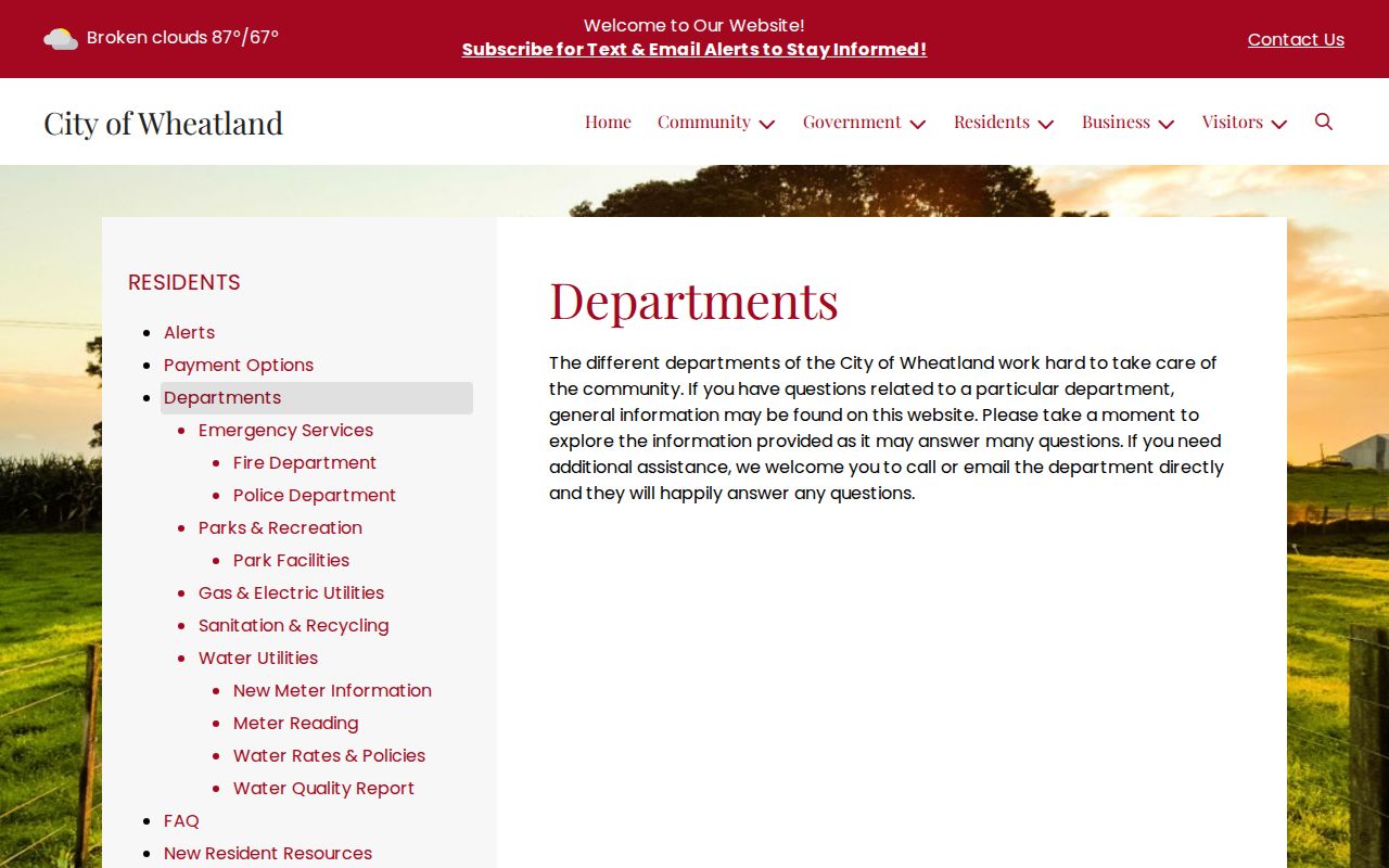 Official Wheatland city departments and contact page