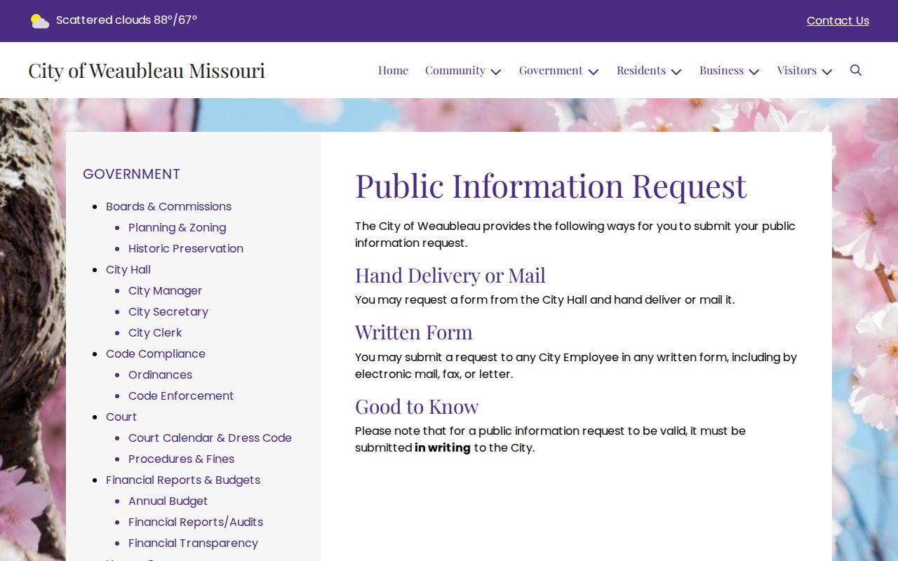 Weaubleau written public information request instructions
