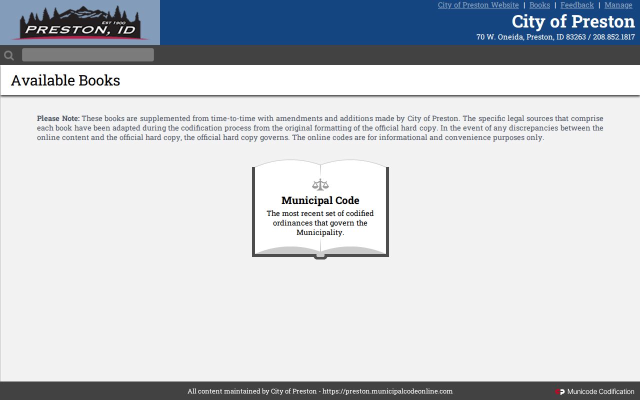 Preston municipal code information landing page