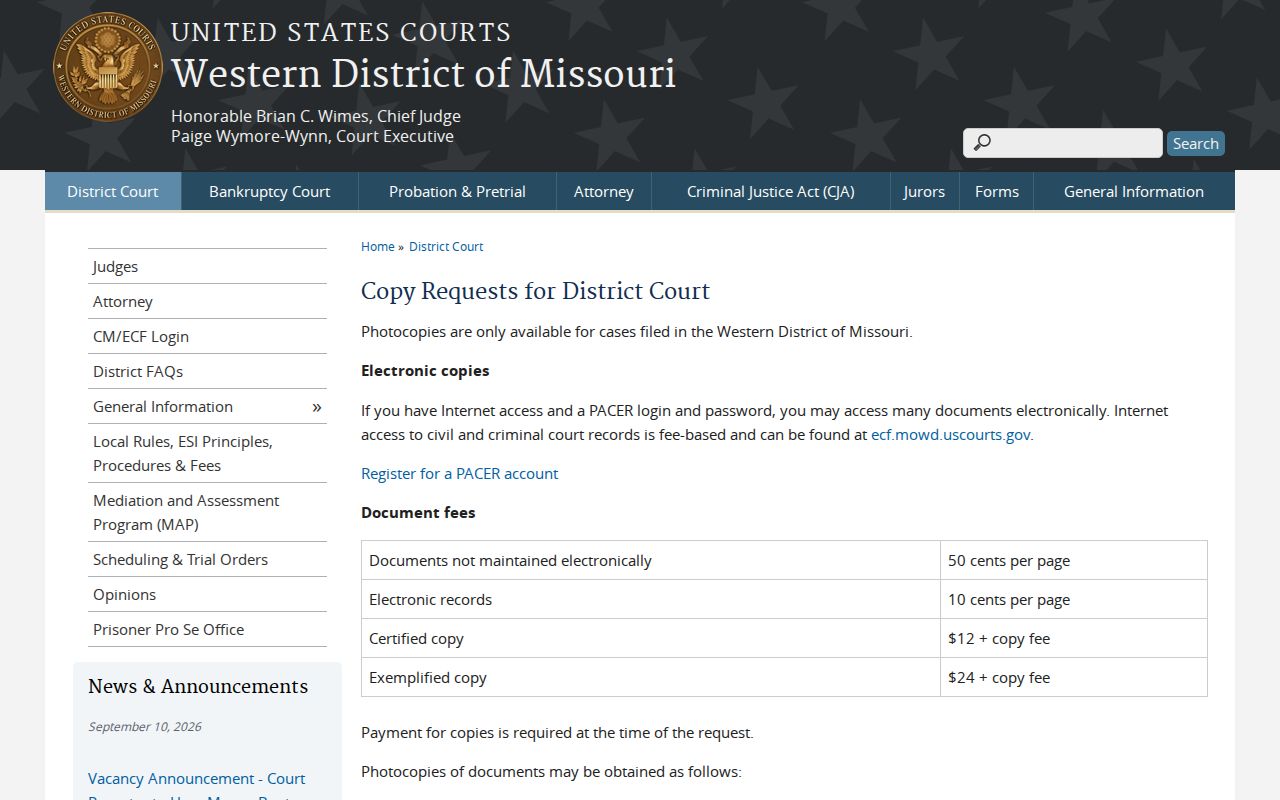 Federal PACER and copy request information