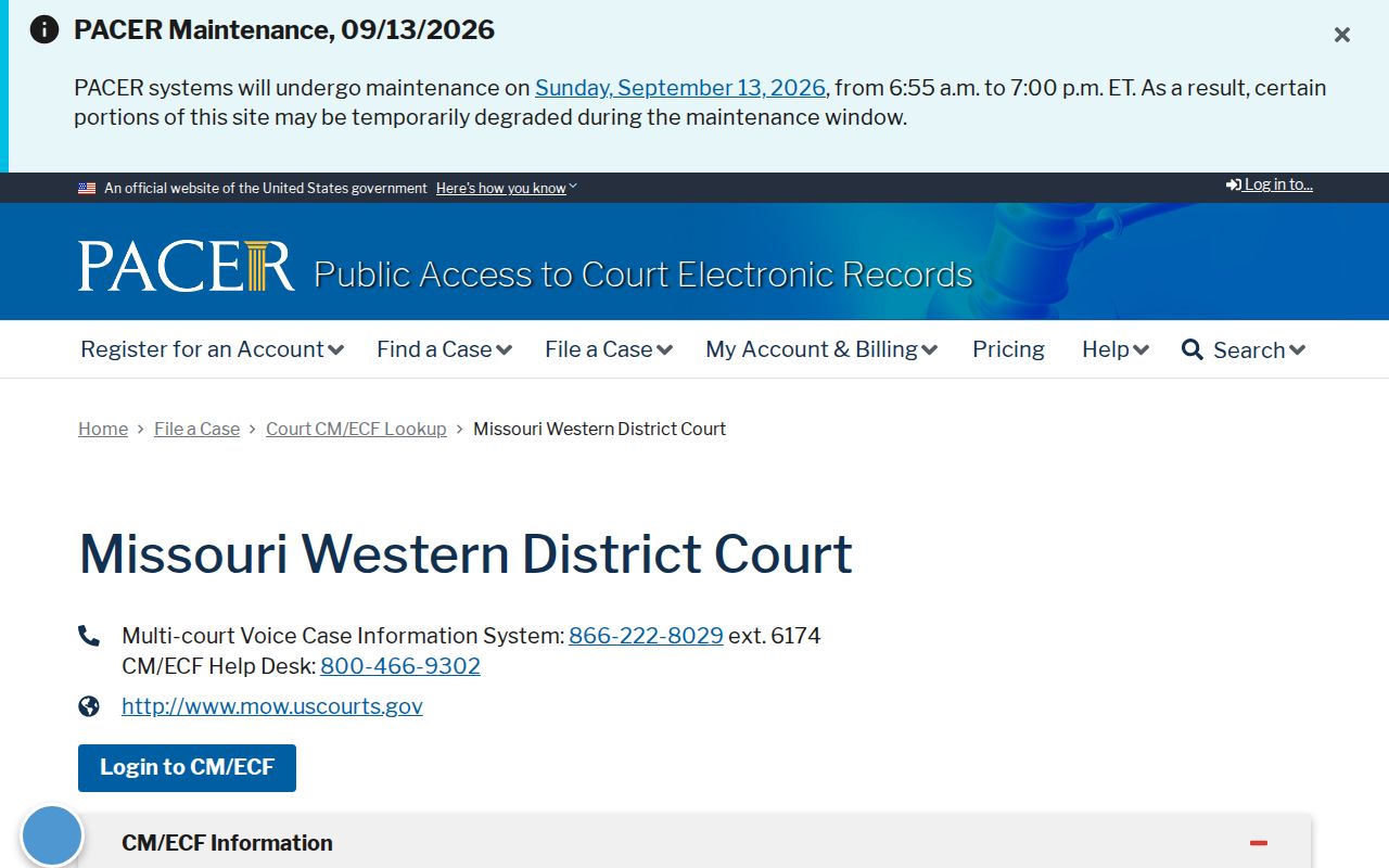 PACER court lookup landing page