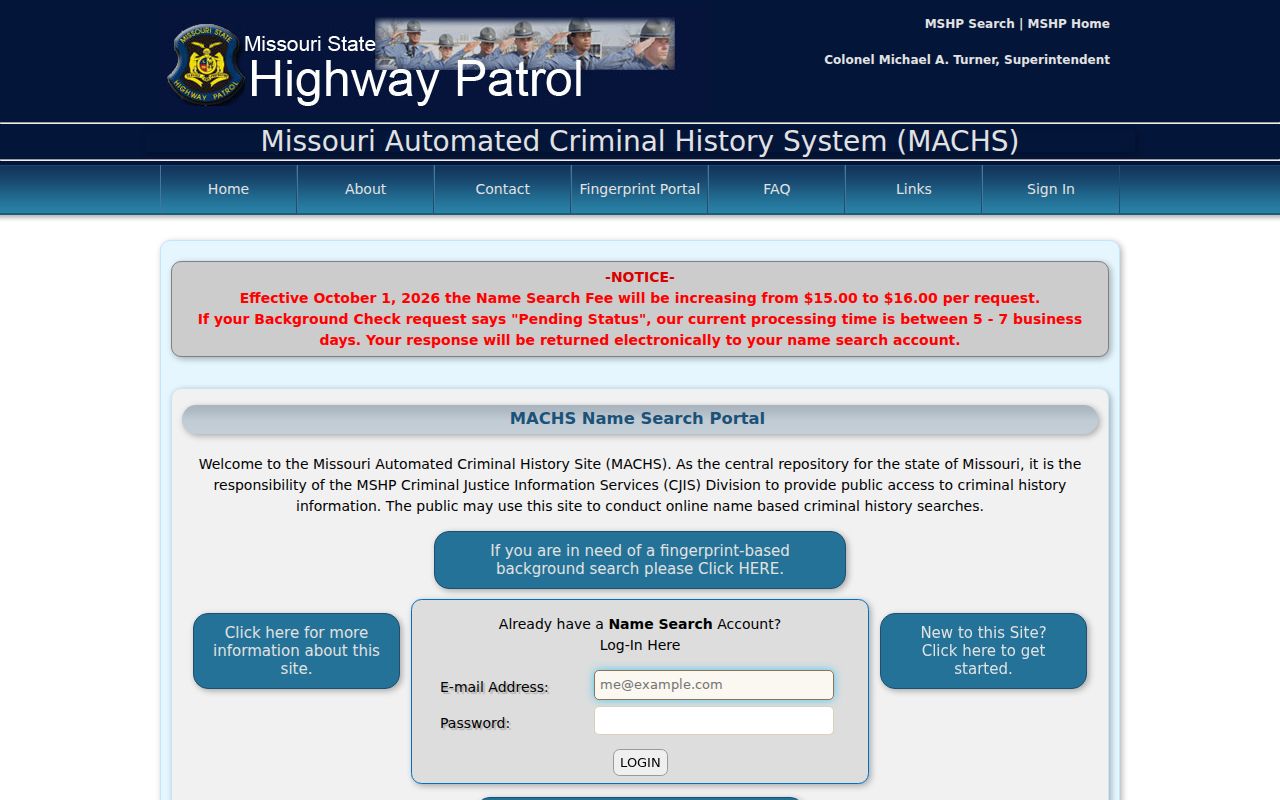 Missouri Automated Criminal History Site landing page