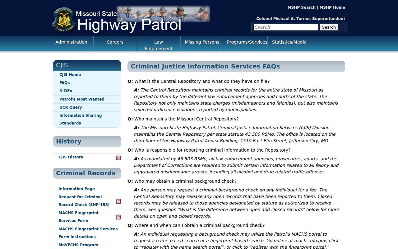 Missouri State Highway Patrol criminal history frequently asked questions